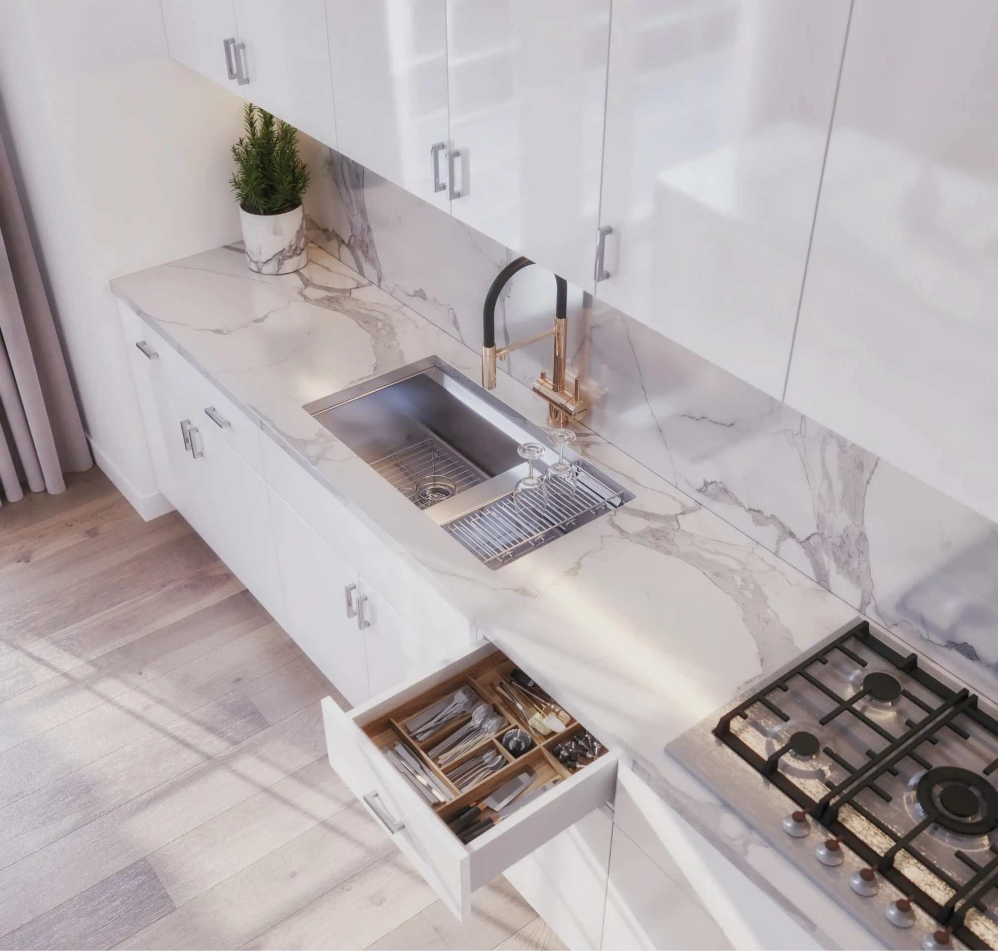 Custom quartz countertop edge profile details in a Moncton kitchen renovation