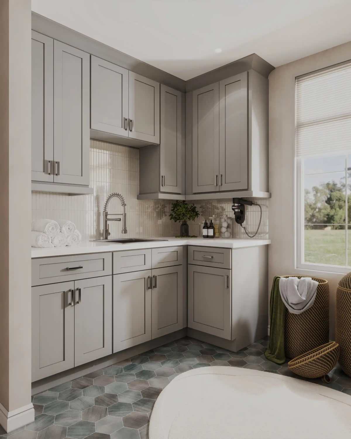 Completed modern kitchen renovation in Moncton featuring custom white shaker cabinets by RenoMe