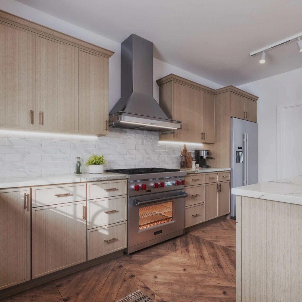 Custom kitchen cabinets in Moncton home with white shaker design and large island