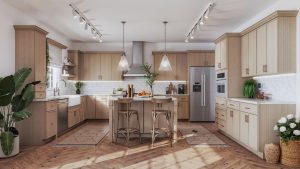 RenoMe custom double shaker cabinets and island installed in a modern Moncton kitchen renovation.